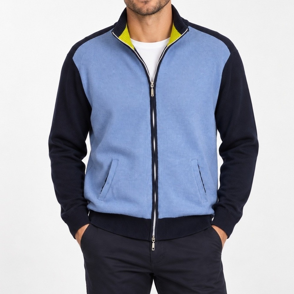 Mens Cotton Full Zip Sweater Blue Navy Colorblock Mock Neck Cardigan Size 56